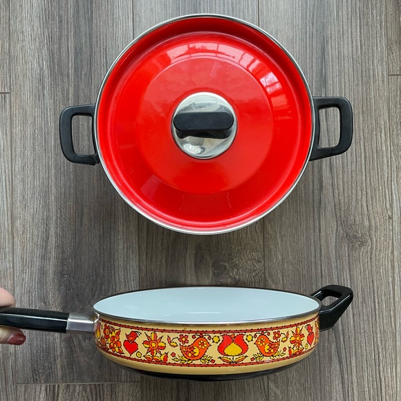 Vintage Red and Orange Cook Pot and Pan w/lid - Picture 2 of 7